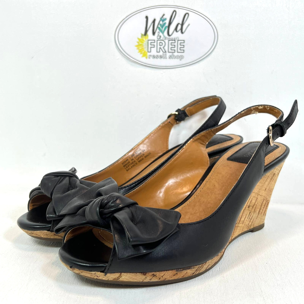 Clarks Bow Peep Toe Cork Wedge platform Heel Sandal- Black Leather -Women 7.5